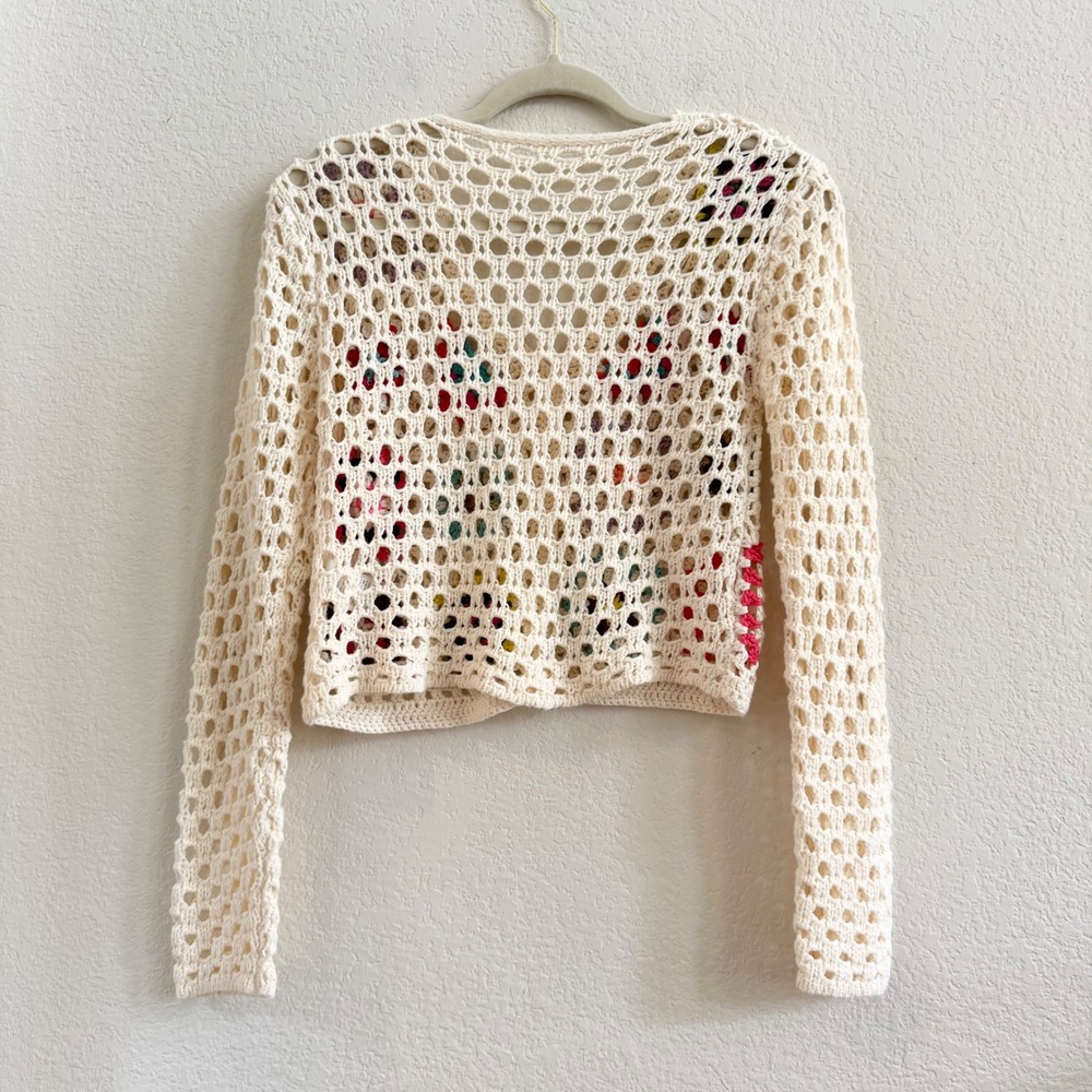 Vintage Style Granny Square Crochet Cardigan Cream Multi Boho Cropped Sweater S - Picture 7 of 9